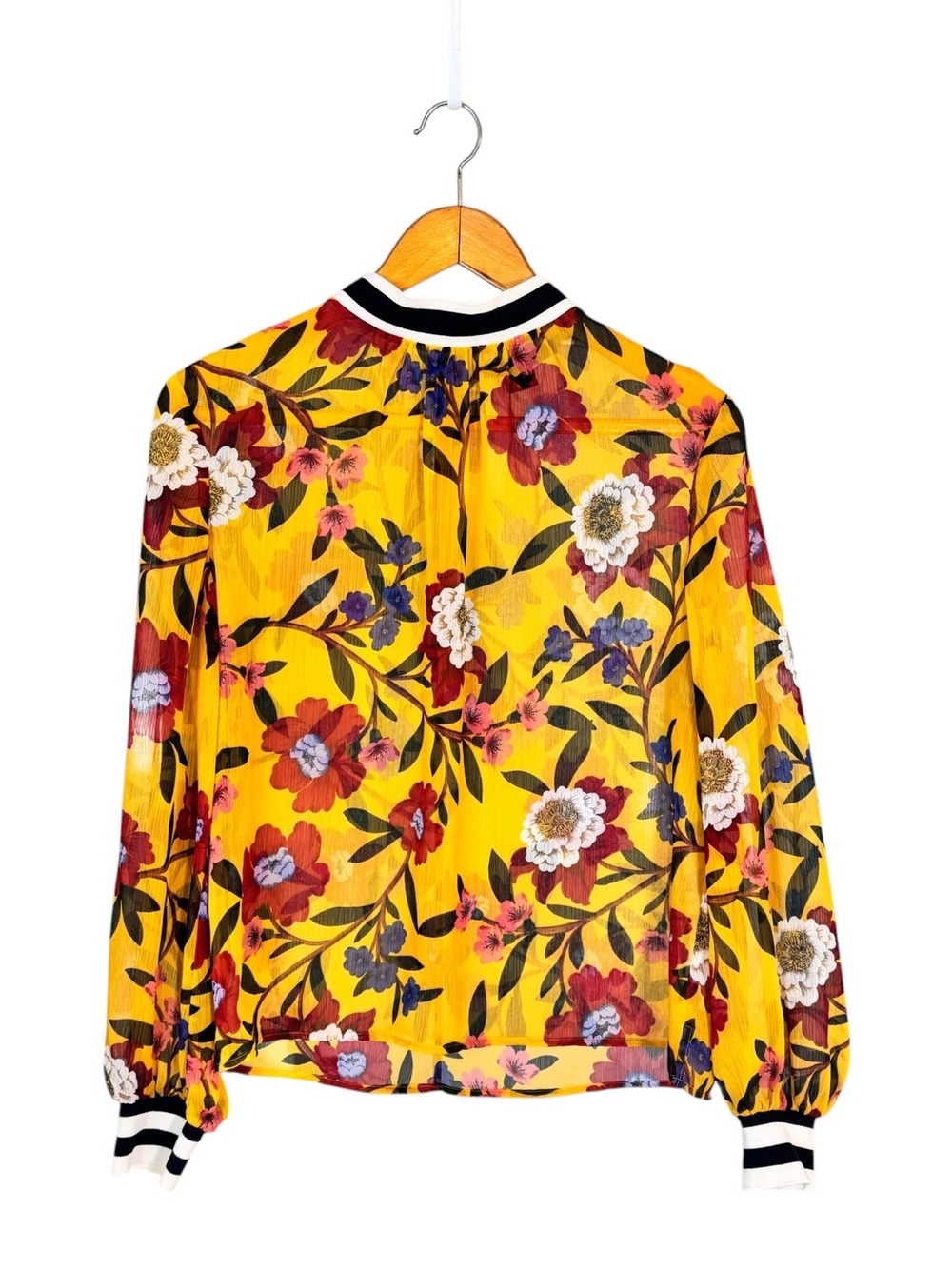French Connection Yellow Floral Sheer Blouse with Striped Trim